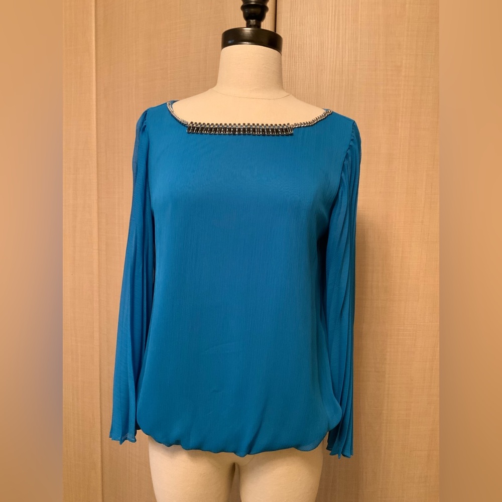 Women's Alfani Teal Pleated Sheer Bell Sleeve Chiffon Dress Blouse Sz 6